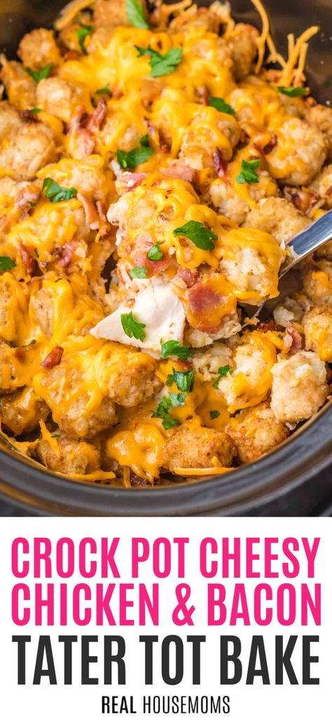 This Crock Pot Cheesy Chicken, Bacon, & Tater Tot Bake takes everyone's favorite ingredients and combines them to make one tasty meal! #Realhousemoms #crockpot #chicken #bacon #tatortots #cheesy #slowcooker #bestcrockpotrecipe #comfortfood #fallweather Tater Tot Casserole Crock Pot, Chicken Bacon Ranch Crockpot, Crockpot Chicken Casserole, Crock Pot Cheesy Chicken, Tater Tot Bake, Cheesy Bacon Chicken, Chicken Bacon Recipes, Tater Tot Recipes, Bacon Casserole