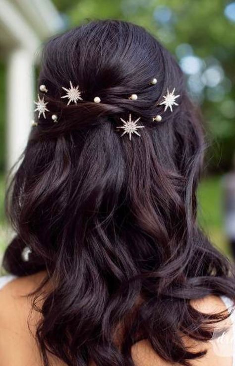 Prom Hairstyles Half Up Half Down Elegant Hair Accessories, Wedding Hair Celestial, Celestial Wedding Hair Piece, Celestial Bridal Makeup, Celestial Hair Piece, Starry Night Hairstyle, Celestial Wedding Hairstyles, Half Up Half Down Hair Accessories, Halloween Wedding Hair