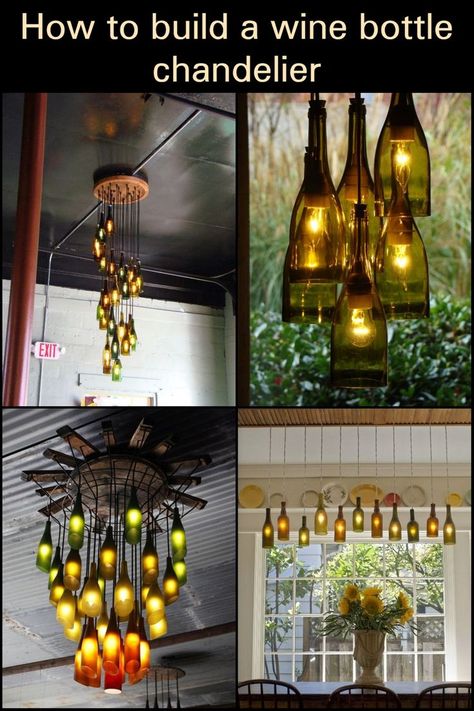 Learn how to build a cool wine bottle chandelier - Your Projects@OBN | Wine bottle chandelier, Bottle chandelier, Wine bottle diy crafts Lights Made From Wine Bottles, Crafts For Wine Bottles, Diy Wine Bottle Chandelier, Used Bottles Ideas, Wine Bottle Hanging Lights, Wine Glass Light Fixture, Glass Bottle Chandelier Diy, What To Do With Old Wine Bottles, Glass Bottle Light Ideas