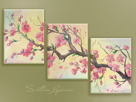 Acrylic Painting 3 Pieces, Split Canvas Painting, 3 Canvas Painting, Multi Canvas Painting, Multiple Canvas Paintings, Cherry Blossom Painting, Acrylic Painting Flowers, Easy Canvas Art, 3 Piece Canvas Art