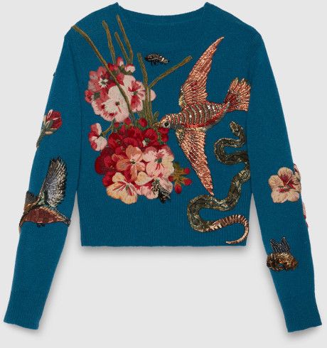 Ladies Stylish Tops, Gucci Sweater, Womens Knit Tops, Crop Top Designs, Woolen Sweaters, Metallic Sweater, Cropped Knit Sweater, Blue Knit Sweater, Embroidered Wool