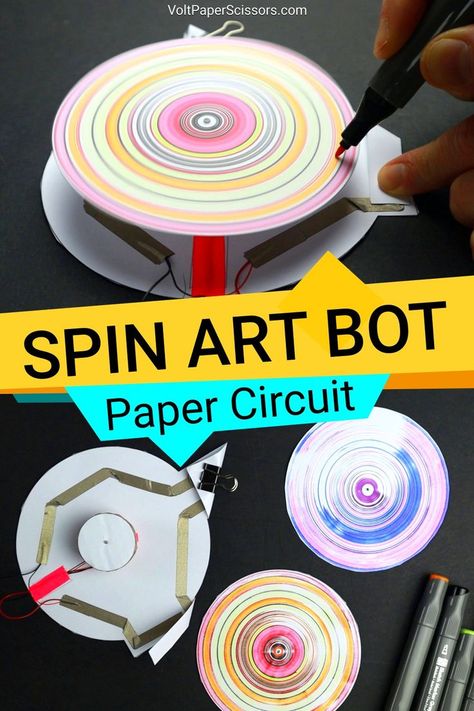 A machine that spins a paper disc for kids to draw circles on. Simple Diy Art, Robot Activity, Stem Robotics, Robot Craft, Stem Projects For Kids, Paper Circuits, Stem Curriculum, Stem Classes, Diy Science Experiments