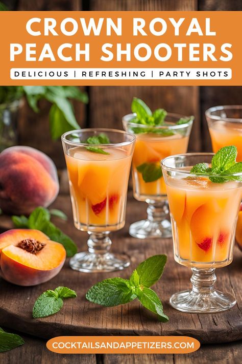 Peach Whiskey shooters perfect for celebrating. Crown Royal Peach whiskey and Simply Peach combine for a delicious party shot as a festive Christmas party drink, beach parties, Spring cocktails, summer drinks parties and weekend happy hour. Whiskey Shooters, Peach Shots, Peach Whiskey Drink, Crown Royal Peach, Peach Punch, Crown Royal Drinks, Peach Ring, Peach Whiskey, Cocktails Summer