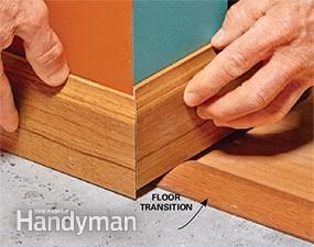 Floor Trim Transition, Baseboard Transition Ideas, Installing Baseboard Trim, Baseboard Transitions, Floor Transitions, Trim Carpentry, Baseboard Trim, Finish Carpentry, Crown Moldings