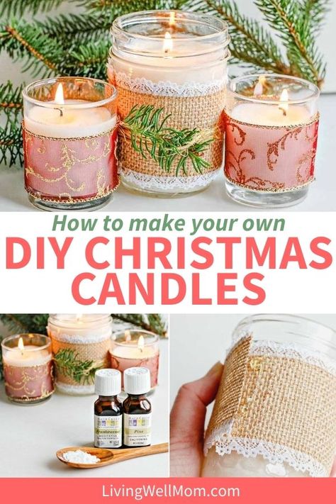 Learn how to make DIY Christmas candles with essential oils. Frankincense and pine oils make for a lovely combination that will have your entire home smelling festive. Christmas Oil Candles Diy, Young Living Candles Diy, Christmas Soy Candles, Christmas Candle Diy, Diy Peppermint Candle, Diy Christmas Candles, Homemade Christmas Candles, Diy Holiday Candles, Essential Oil Candle Recipes