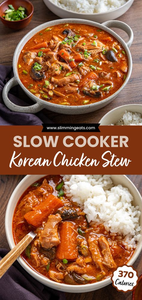 Delicious Slow Cooker Korean Chicken Stew! Inspired by my love for Korean cuisine, this recipe combines tender chicken thighs, mushrooms, and carrots with the delicious taste of gochujang, sesame oil, and garlic that create a flavoursome spicy sauce. Healthy Asian Slow Cooker Recipes, Asian Chicken Stew Recipes, Thai Chicken Stew, Low And Slow Recipes, Slow Cooker Chinese Chicken, Slow Cooker Asian Soup, Crockpot Korean Chicken, Chicken Stew In Slow Cooker, Slow Cooker Korean Chicken