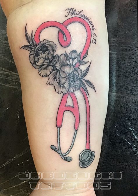 Nice mix of black work with pink stethoscope. Loved doing this one! Nurse Tattoo Ideas, Healthcare Tattoo, Stethoscope Tattoo, Misfits Tattoo, Cute Thigh Tattoos, Nurse Tattoo, Tattoo Themes, Tattoo Prices, Forearm Tattoo Women