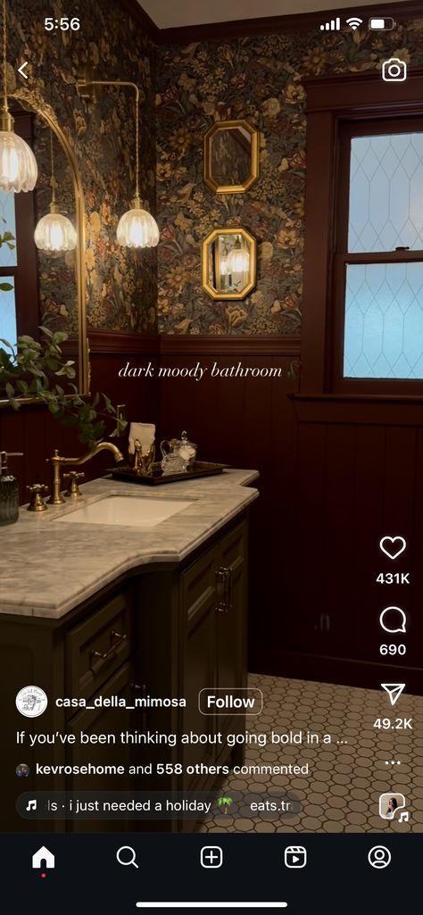 Maroon Bathroom, Cottage Core Bathroom, Morton Homes, Maroon Walls, Colonial House Interior, Moody Bathroom, Moody Home Decor, Colonial Cottage, Welcome To My House