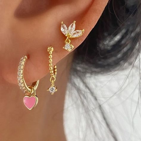 Stud Dangle Earrings, Dainty Ear Stack, Pink And Gold Earrings, Bling Earrings, Earring Sets, Earrings Handmade Dangle, Jewelry Accessories Ideas, Stacked Jewelry, Jewelry Lookbook