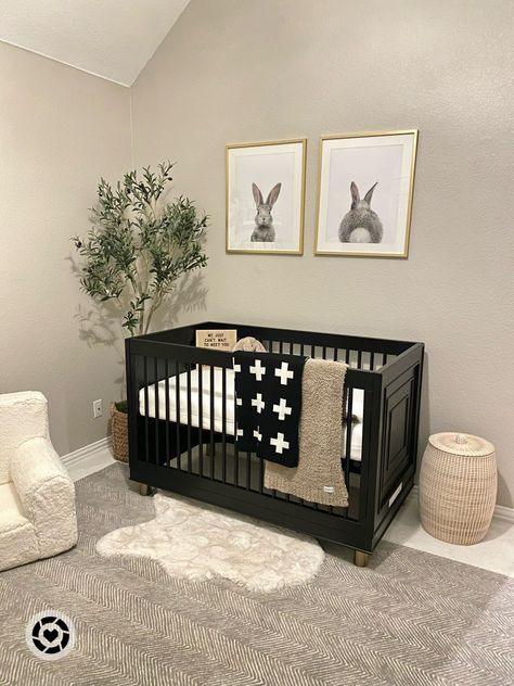 Black Gender Neutral Nursery, Black Gold Neutral Bedroom, Black Crib Nursery Gender Neutral, Nursery Ideas Black Furniture, Gender Neutral Nursery With Black Crib, Nurseries With Black Cribs, Gold And Black Nursery, Black Furniture Baby Nursery, Black Nursery Decor