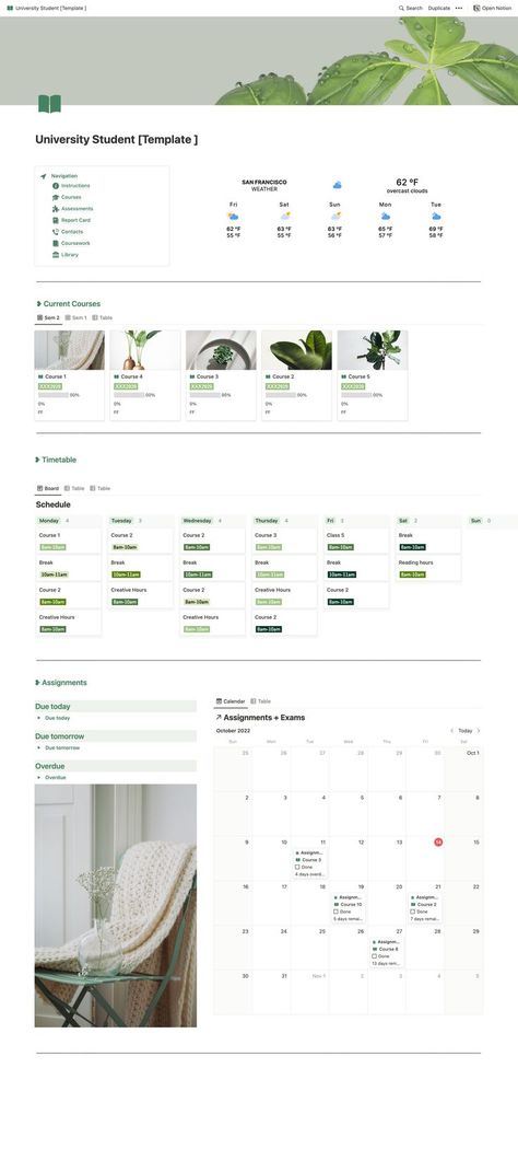 Green aesthetic Notion template for university college students. It is plant themed. University Notion, University Planner, Aesthetic Notion Template, Assignment Tracker, Life Planner Organization, Aesthetic Notion, Notion Planner, School Template, Notebook Templates