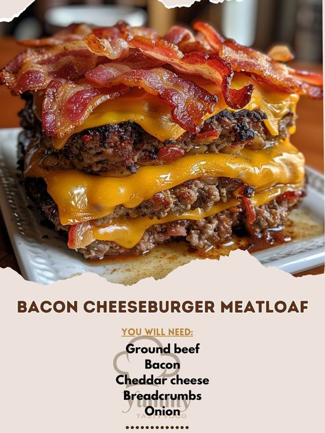 🍔🥓 Indulge in Bacon Cheeseburger Meatloaf! All your burger favorites in a juicy loaf. #MeatloafMagic #BaconCheeseburger Bacon Cheeseburger Meatloaf Recipe This recipe transforms the classic bacon cheeseburger into a hearty meatloaf, combining ground beef, bacon, and cheese for a comforting meal. Ingredients: Ground beef: 800g Bacon, cooked and crumbled: 100g Cheddar cheese, shredded: 150g Breadcrumbs: 100g Onion, finely chopped: 100g Garlic, minced: 10g Ketchup: 60ml Mustard: 30ml Worcest... Fall Dinner Ideas Beef, Dutch Meatloaf, Ground Beef Burger Recipes, Dinner With Hamburger Meat, Food With Bacon, Recipe For Ground Beef, Cheeseburger Recipes, Cheeseburger Meatloaf Recipes, Bacon Cheeseburger Meatloaf