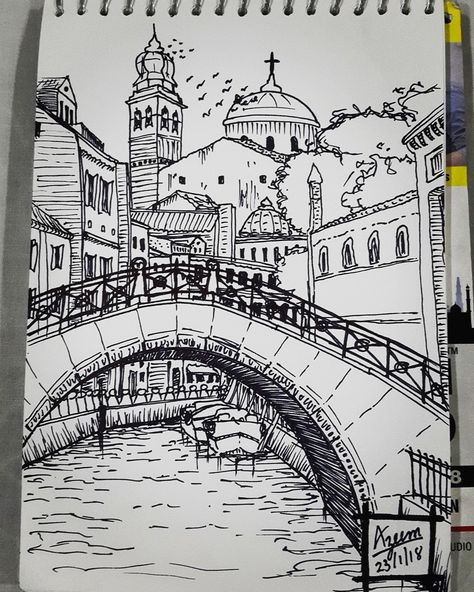 Micro pen sketch of Venice Micro Pen Sketch, Micro Pen Art Drawing, Pen Sketches Architecture, Quick Pen Sketches, Pen Sketch Landscape, Micro Pen Art, Drawing Pen Sketches, Sketches Of Places, Easy Pen Sketches