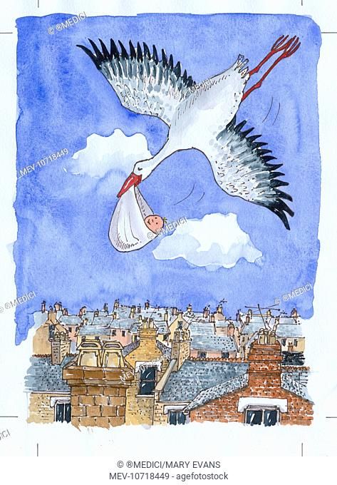 Stork Carrying Baby, Baby Stork, Boho Art Drawings, Rooftops, Boho Art, Art Drawings Sketches Simple, Picture Library, Photo Library, Children's Book Illustration