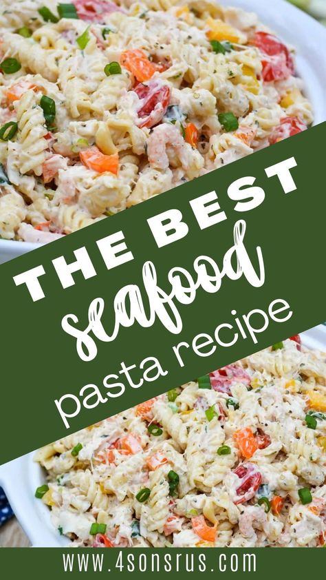 The Best Seafood Pasta Recipe. Seafood pasta salad is a perfect as a side dish or main all summer long. Full of sweet crab meat and shrimp, loads of veggies and a creamy bold dressing, this noodle salad will be a hit anytime you make it! View this easy recipe on www.4sonsrus.com Shrimp Italian Pasta Salad, Best Seafood Pasta Salad Recipe, Crab Pasta Salad Italian Dressing, Pasta Salad Recipes Seafood, Crab And Pasta Salad, Creamy Seafood Pasta Salad, Seafood Pasta Cold, Seafood Pasta Salad Crab And Shrimp With Italian Dressing, Sea Food Pasta Salad