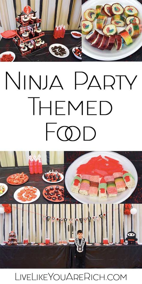 My son wanted a Ninja Party for his 6th Birthday. It was a fun theme and super easy to find items for—especially Ninja Party Themed Food. The kids all LOVED this ninja party food table. #livelikeyouarerich #ninjaparty #partythemed #food #birthday Ninja Birthday Party Activities, Ninja Birthday Party Food Ideas, Ninja Birthday Cupcakes, Diy Ninja Birthday Party Ideas, Karate Party Food, Ninja Birthday Food Ideas, Ninja Party Snacks, Ninja Party Food Ideas, Ninja Birthday Party Food