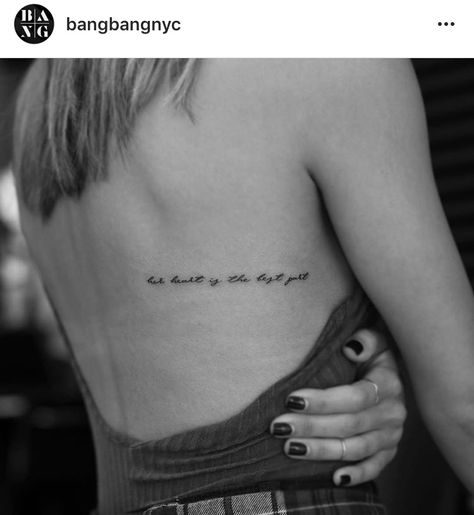 Her heart is the best part #bangbangnyc Script Back Tattoo Women, Words On Back Tattoo, Small Quote Tattoo Placement, Rib Script Tattoo, Quote Tattoo Placement, Word Tattoo Placements, Rib Tattoos Words, Rib Tattoo Quotes, Rib Tattoo Placements