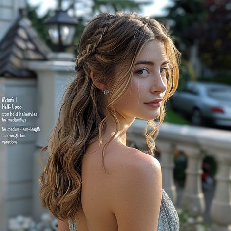 Hairstyle For Prom Medium Length, Fairy Hairstyles Medium Hair, Half Updo For Wedding Guest, Fancy Hairstyles Medium Hair, Hairstyle For Prom Night Medium Hair, Hairstyle Ideas For Bridesmaids, Dress Hairstyles For Medium Hair, Hairstyles For Medium Length Wedding, Waterfall Braid Half Up Half Down