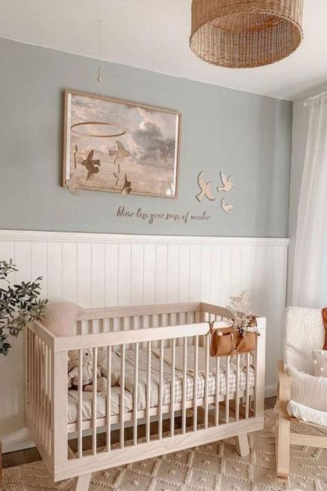 Here, we'll look at the most stunning nursery accent wall colors to ensure your feature wall sings out. Wall Panels Nursery, Neutral Nursery With Panelling, Shiplap Wall In Nursery, Vertical Shiplap Wall Nursery, Bead Board Wall Nursery, Shiplap In Nursery, Half Wall Nursery Ideas, Vj Panelling Nursery, Wood Panel Accent Wall Nursery