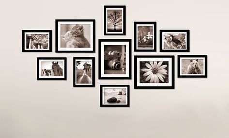 Photo gallery wall Decor Over Couch, Frame Arrangement, Gallery Wall Design, Photo Arrangement, White Photo Frames, Black Photo Frames, Gallery Wall Layout, Shape Collage, Family Photo Wall