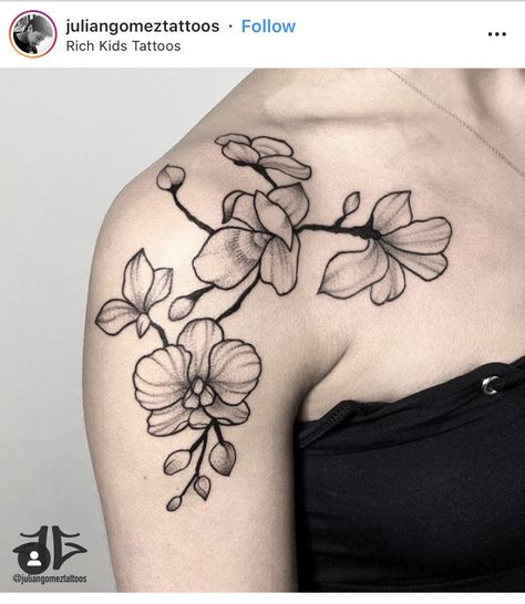 Black And Grey Orchid Tattoo, Orchid Collar Bone Tattoo, Orquids Tattoo, Orchid Shoulder Tattoo, Little Elephant Tattoos, Orchid Flower Tattoos, Thigh Piece Tattoos, Go Tattoo, Orchid Tattoo