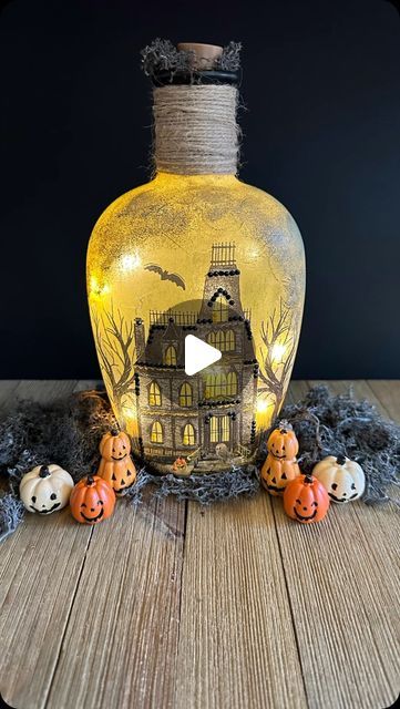 Handmade Happy Hour on Instagram: "Halloween Bottle Lamps! DIY with napkins , Mod Podge and Upcycled bottles. #halloween #halloweencrafts #crafts #tutorial #craftideas #halloweendecor" Bottle Lamps Diy, Altered Bottles Diy, Halloween Wine Bottle Crafts, Diy Halloween Bottles, Whiskey Bottle Crafts, Diy Bottle Lamp, Wine Bottle Lanterns, Decorated Liquor Bottles, Upcycled Bottles