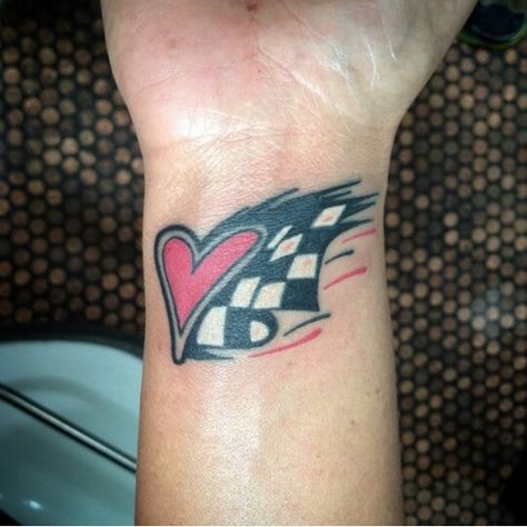 Racing heart tattoo checkered flag Dirt Track Racing Tattoos, Race Car Tattoo For Women, Car Racing Tattoo, Race Car Tattoo Ideas, Racing Tattoo Ideas, Checkered Flag Tattoo, Racing Couple, Poppy Tattoos, Side Tat