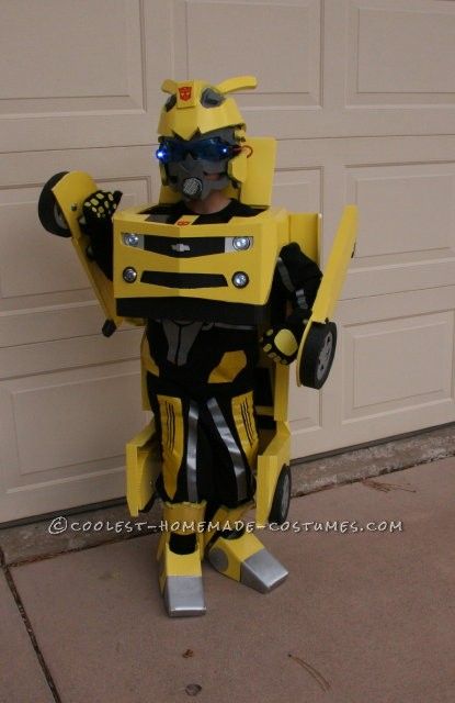 7 year old son:  “Dad, I want to be a bumblebee for Halloween.” Dad:  “Really, you mean one with black and yellow stripes and cute little wings.  Kind of b Bumble Bee Transformer Costume, Homemade Costumes For Boys, Transformer Halloween Costume, Bumblebee Costume, Transformer Costume, Costumes For Boys, Bumble Bee Costume, Transformer Party, Transformer Birthday