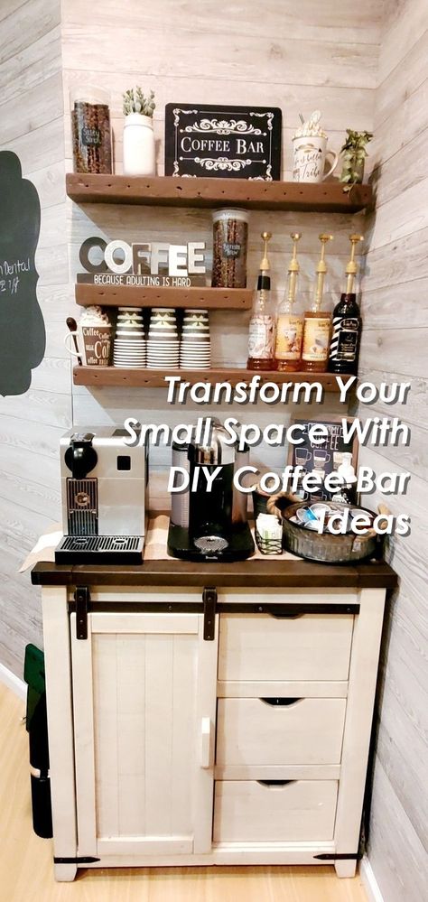 Looking to elevate your small space? Check out these creative DIY coffee bar ideas for small spaces! Whether you're a coffee connoisseur or just love a cozy nook, these designs will inspire you to create your own caffeine haven at home. From repurposed shelves to compact carts, there's a solution for every space constraint. Get ready to transform your home with these stylish and practical coffee bar ideas! Small At Home Coffee Bar, Makeshift Coffee Bar, Diy Bar Small Spaces, Cute Coffee Bar Ideas Small Spaces, Mini Espresso Bar, Small Wall Coffee Bar Ideas, Cocktail And Coffee Bar Designs Idea, Small Space Coffee Bar Ideas, Coffee Snack Bar Ideas