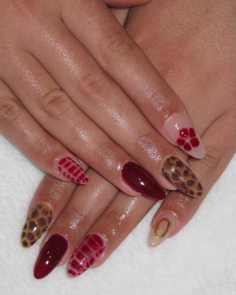 Burgundy Animal Print Nails, Leopard And Burgundy Nails, Burgundy And Cheetah Nails, Tortoise Shell And Red Nails, How To Do Leopard Print Nails, Red Lepord Print Nail, Deer Print Nails, Kiss Print Nails, Cheetah Red Nails