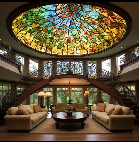 Stained Glass Dome Ceiling, Glass Dome House, Stained Glass Interior, Glass Roofs, Stained Glass House, Stained Glass Dome, Dome Room, Yellow Kitchen Cabinets, Stained Glass Ceiling