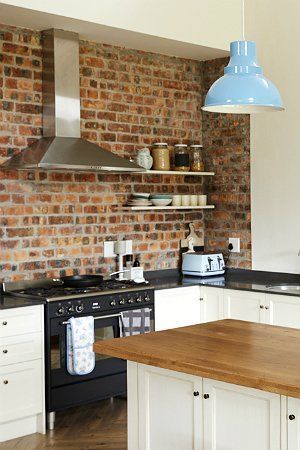 Install Backsplash, Brick Kitchen Backsplash, Kitchen Credenza, Brick Backsplash Kitchen, Farmhouse Backsplash, Beadboard Backsplash, Brick Kitchen, Brick Backsplash, Updated Kitchen