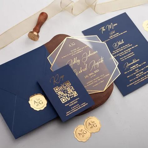 BeyondandMoreStore - Etsy Embossed Invitations, Blue And Gold Wedding, Navy Blue And Gold Wedding, Acrylic Wedding Invitation, Navy Invitation, Passport Invitations, Acrylic Invitation, Blue Envelope, Gold Foil Wedding Invitations