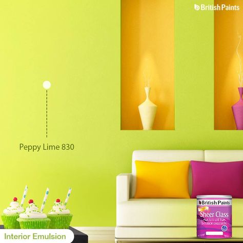 Ever so bright and lovely, shades of lime always bring life to the surroundings.  Which colour would you use to compliment Peppy Lime of Sheer Class?  #SheerClass from British Paints British Paints, Bedroom Yellow, Room Color Combination, Wall Color Combination, Color Combinations Paint, Gandhi Jayanti, Paint Combinations, Interior Wall Paint, Yellow Bedroom