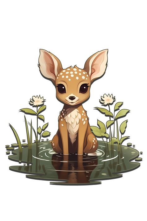 At the heart of the composition, a young fawn sits contentedly in a puddle, its dainty hooves delicately submerged. With eyes gleaming bright and ears perked, the fawn emanates an aura of sheer happiness and unadulterated joy. #redbubble #Fawn #Deer #Woodland #BabyAnimal #tshirt #sticker #journal Fawn Drawing, How To Draw Ears, Deer Illustration, Tattoos For Kids, Rock Painting Designs, Animal Kingdom, Deer, Painted Rocks, Baby Animals