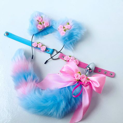 Pet Play Collars Kittens, Cat Tail Plug, Kitten Play Gear, Kitty Play, Tail And Ears, Cat Ears And Tail, Creepy Cute Fashion, Blue Tail, Kitten Collar