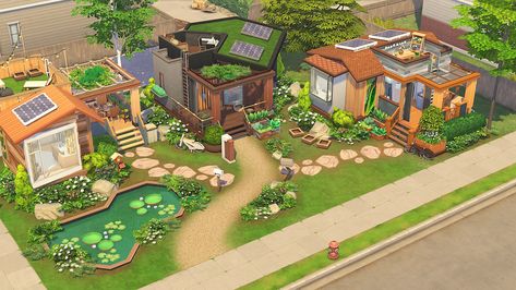 Sims 4 Commune Lot, Sims 4 Sulani Farm, Sims 4 Community Garden, Sims 4 Houses Aesthetic, Eco Lifestyle Sims 4, Sims 4 Garden House, Sims 4 Tiny Home, Sims 4 Eco House, Tiny Eco House