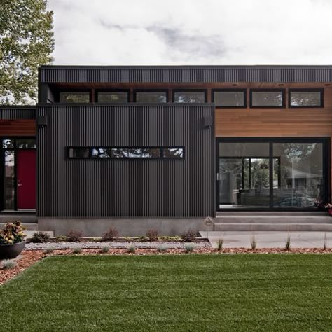 Corrugated Galvanized Steel Siding Walnut Home Design Ideas, Pictures, Remodel and Decor Wherehouse Design, Metal Siding House, Black Siding, Modern Office Building, Corrugated Metal Siding, Metal Shop Building, Metal Building Kits, Metal Building Designs, Modern House Ideas