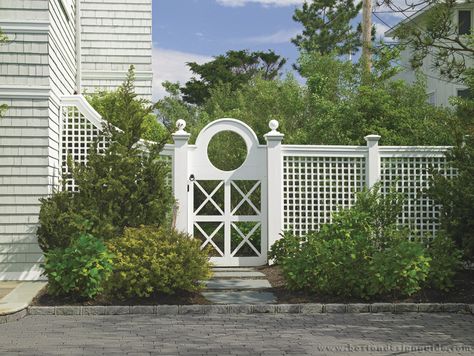 Landscape by Walpole Outdoors Walpole Outdoors, Garden Gates And Fencing, Vinyl Fences, Garden Gate Design, Custom Gates, Gates And Fences, Lattice Fence, Gate Ideas, Front Yard Fence