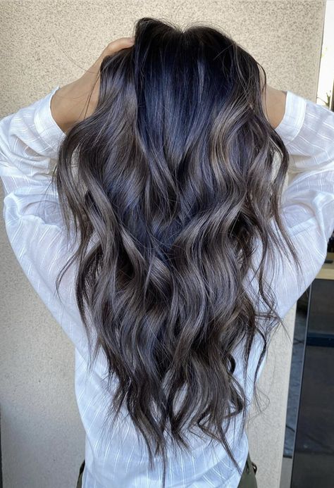 Dark Hair With Ashy Brown Highlights, Ashy Grey Balayage On Black Hair, Dark Cool Balayage, Ash Blonde Bayalage On Black Hair, Dark Ash Balayage On Black Hair, Mushroom Brown Balayage On Black Hair, Mushroom Balayage On Dark Hair, Ashy Balayage On Black Hair, Black Bayalage Hair