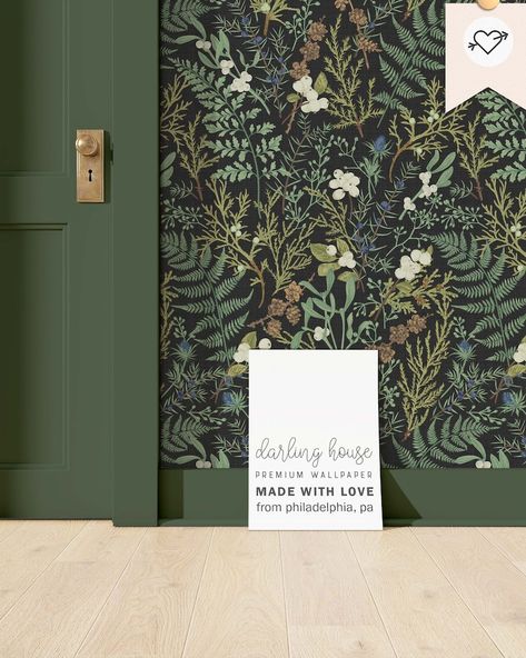 Moody Black Botanical Wallpaper Premium Peel and Stick - Etsy Black Botanical Wallpaper, Dark Green Bathrooms, Moody Wallpaper, Moroccan Riad, Dark Green Wallpaper, Reading Pa, Temporary Wallpaper, Property Design, Maximalist Decor