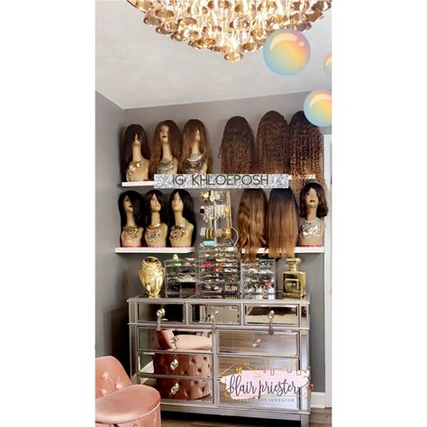 Wig display, glam room, organize, babe cave, wig idea, hair weave display Wig Mannequin Display, Wig Display Wall, Wig Room Ideas At Home, Wig Closet Storage, Wig Studio Ideas, Wig Storage Ideas Closet, Wig Stand Ideas, Wig Storage Ideas At Home, Wig Shelf Ideas