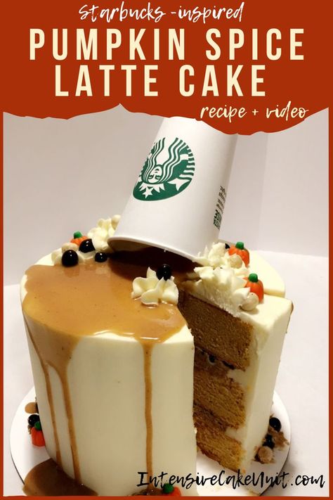 Starbucks Pumpkin Spice Latte Cake - Pumpkin and coffee cake layers filled with coffee buttercream, covered with cream cheese frosting and a coffee drip Spice Cake Pumpkin, Coffee Flavored Cake, Starbucks Psl, Pumpkin Spice Latte Cake, Fall Birthday Cakes, Starbucks Flavors, Latte Cake, Cake Pumpkin, Starbucks Cake