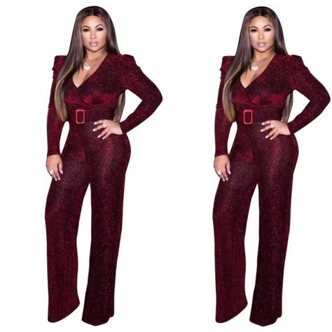 Long Sleeve Deep V Neck Red Glitter Jumpsuit With Belt. Length From S (147-151) 2xl Silver Jumpsuits, Glitter Jumpsuit, Elegant Rompers, Gold Jumpsuit, Classy Jumpsuit, Burgundy Jumpsuit, Party Rompers, Long Romper, Sleeved Romper