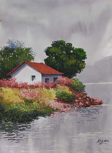 Poster Color Painting, Watercolor House Painting, Drawing Scenery, Watercolor Scenery, Abstract Pencil Drawings, Learn Watercolor Painting, Watercolor Paintings Nature, Watercolor Architecture, Watercolor Paintings For Beginners