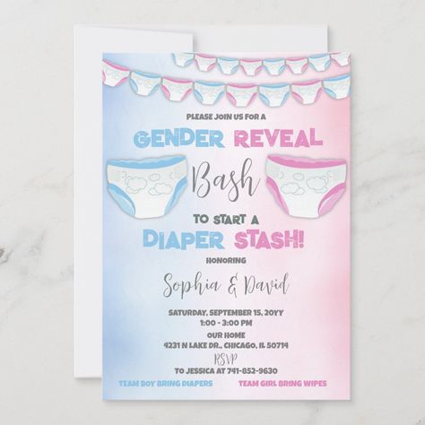 Diaper Stash Gender Reveal Diaper Party Gender Reveal Diaper And Wipes, Diaper Party Invitations, Pampers Wipes, Gender Reveal Invitations Template, Diaper Party, Mom Ideas, Gender Reveal Invitations, Reveal Ideas, Baby Reveal