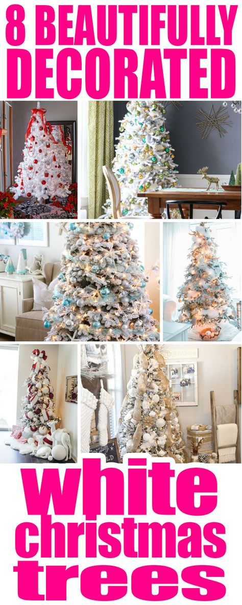 I love beautifully decorated white Christmas trees! Here are 8 fantastic white trees to inspire your holiday decorating ideas! #whitechristmastree #christmastree #christmasdecor #decorating #christmasdecorating Ideas For A White Christmas Tree, White Trees Christmas Decorating Ideas, Decorated White Christmas Trees Ideas, White Trees Christmas, White Tree Decor Ideas, How To Decorate A White Christmas Tree Ideas, White Flocked Trees Decorating Ideas, White Christmas Tree Decorations Ideas, Decorating White Christmas Tree Ideas