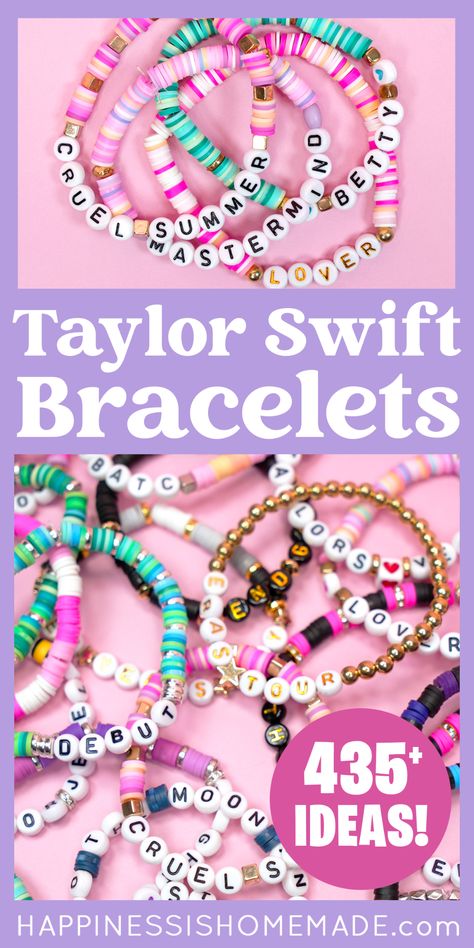 Taylor Swift Tour Bracelet Ideas, Cool Beaded Bracelets Diy, How To Make Clay Bracelets Diy, Glass Bead Friendship Bracelet, Ideas For Taylor Swift Bracelets, How To Make A Taylor Swift Bracelet, Eras Tour Friendship Bracelets Diy, Swiftly Bracelet Ideas, Words To Put On Clay Bead Bracelets