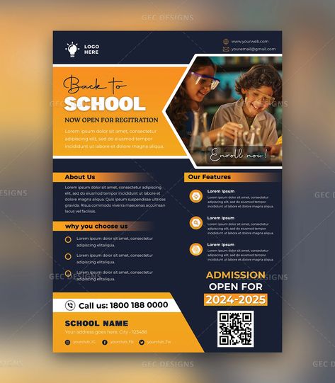 Download the free School admission promotional flyer template. It is a PSD-based flyer design, fully editable, and easy to customize according to your needs.  #flyer #flyertemplates #schoolflyers Admission Flyer Design, School Flyer Design, Promotion Flyer Design, Promotion Flyer, Creative Branding Design, School Flyer, Festival Flyer, Spa Business, Seo Guide