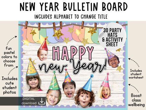 New year bulletin board | Pastel cosy January Bulletin Board Decor | January Bulletin Board | children’s faces bulletin | 2024 bulletin by SlidesAndStyle on Etsy Happy New Year Bulletin Board Ideas, Happy New Year Bulletin Boards, New Year Bulletin Boards, New Years Bulletin Board, New Year Bulletin Board, Thirty Party, December Bulletin Boards, Party Hat Template, January Bulletin Boards